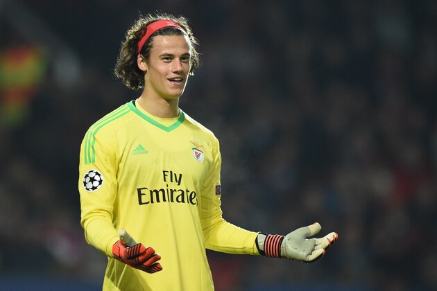 Benfica's Belgian goalkeeper Mile Svilar gestures during the UEFA Champions League Group A football match between Manchester United and Benfica at Old Trafford in Manchester, north west England on October 31, 2017. / AFP PHOTO / Oli SCARFF        (Photo credit should read OLI SCARFF/AFP/Getty Images)