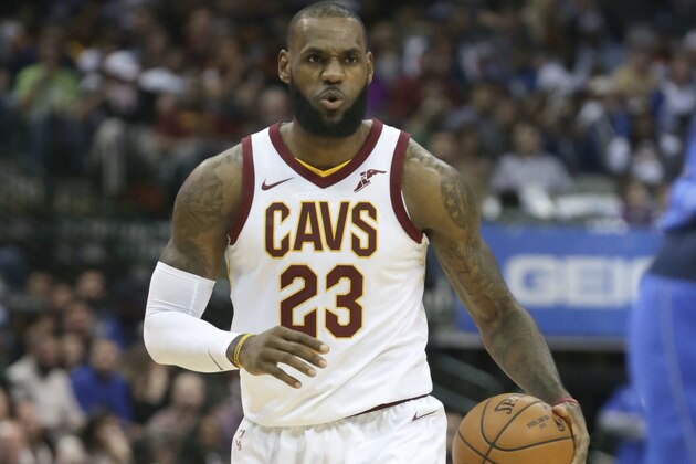 Cleveland Cavaliers forward LeBron James (23) looks to drive during the first half of an NBA basketball game against the Dallas Mavericks in Dallas, Saturday, Nov. 11, 2017. (AP Photo/LM Otero)