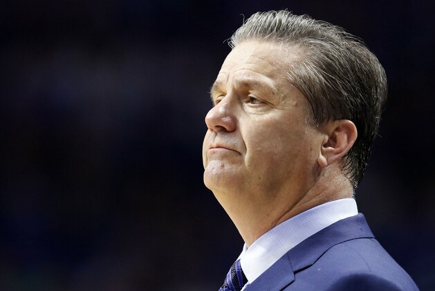 Kentucky head coach John Calipari watches his team during the second half of an NCAA college basketball game against Vermont, Sunday, Nov. 12, 2017, in Lexington, Ky. (AP Photo/James Crisp)