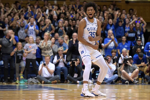 DURHAM, NC - NOVEMBER 11: Marvin Bagley III #35 of the Duke Blue Devils reacts during their game against the Utah Valley Wolverines at Cameron Indoor Stadium on November 11, 2017 in Durham, North Carolina. Duke won 99-69. (Photo by Lance King/Getty Images)