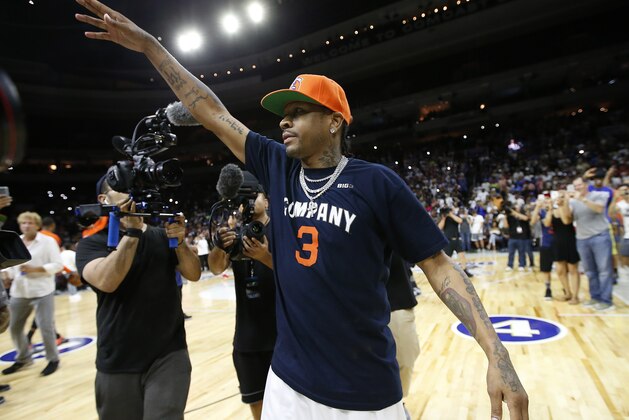 3's Company player coach Allen Iverson acknowledges the hometown fans during his introduction before the start of Game 4 against the Tri State in the BIG3 Basketball League in Philadelphia, Pa., Sunday, July 16, 2017. (AP Photo/Rich Schultz)