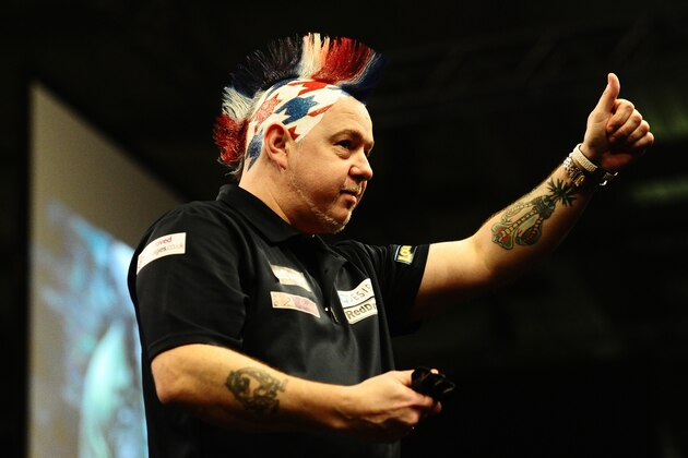 EXETER, UNITED KINGDOM - MARCH 02: Peter Wright celebrates during Night Five of the Betway Premier League Darts at Westpoint Arena on March 2, 2017 in Exeter, England. (Photo by Harry Trump/Getty Images)