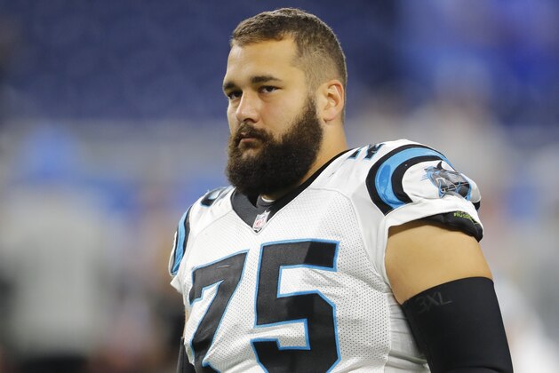 Carolina Panthers offensive tackle Matt Kalil (75) warms up against the Detroit Lions during an NFL football game in Detroit, Sunday, Oct. 8, 2017. (AP Photo/Paul Sancya)
