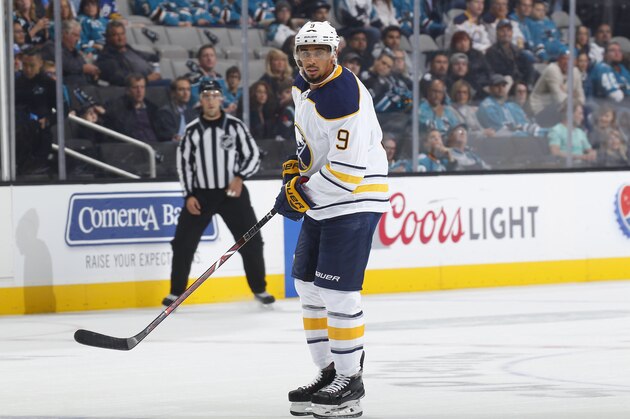 SAN JOSE, CA - OCTOBER 12: Evander Kane #9 of the Buffalo Sabres looks during a NHL game against the San Jose Sharks at SAP Center on October 12, 2017 in San Jose, California. (Photo by Rocky W. Widner/NHL/Getty Images)