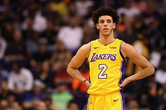 PHOENIX, AZ - NOVEMBER 13:  Lonzo Ball #2 of the Los Angeles Lakers reacts on the court during the first half of the NBA game against the Phoenix Suns at Talking Stick Resort Arena on November 13, 2017 in Phoenix, Arizona. NOTE TO USER: User expressly acknowledges and agrees that, by downloading and or using this photograph, User is consenting to the terms and conditions of the Getty Images License Agreement.  (Photo by Christian Petersen/Getty Images)