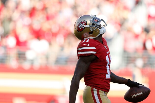SANTA CLARA, CA - NOVEMBER 05: Marquise Goodwin #11 of the San Francisco 49ers reacts after dropping a catch against the Arizona Cardinals at Levi's Stadium on November 5, 2017 in Santa Clara, California. (Photo by Lachlan Cunningham/Getty Images)