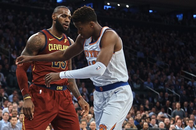 Cleveland Cavaliers' LeBron James, center, discusses with New York Knicks' Frank Ntilikina, right, during the first half of a NBA basketball game at Madison Square Garden in New York, Monday, Nov. 13, 2017. (AP Photo/Andres Kudacki) Cleveland Cavaliers' LeBron James, center, discusses with New York Knicks' Frank Ntilikina, right, during the first half of a NBA basketball game at Madison Square Garden in New York, Monday, Nov. 13, 2017. (AP Photo/Andres Kudacki)