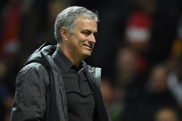 Manchester United's Portuguese manager Jose Mourinho gestures as he leaves after the UEFA Champions League Group A football match between Manchester United and Benfica at Old Trafford in Manchester, north west England on October 31, 2017.
Manchester United won the game 2-0. / AFP PHOTO / Oli SCARFF        (Photo credit should read OLI SCARFF/AFP/Getty Images)