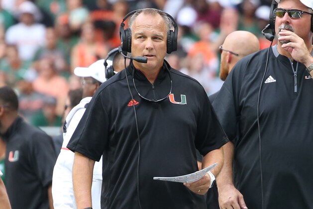 MIAMI GARDENS, FL - SEPTEMBER 23: Head coach Mark Richt of the Miami Hurricanes looks on during second quarter acton against the Toledo Rockets on September 23, 2017 at Hard Rock Stadium in Miami Gardens, Florida. (Photo by Joel Auerbach/Getty Images)