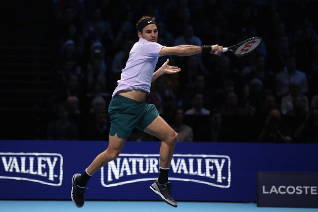 LONDON, ENGLAND - NOVEMBER 12:  Roger Federer of Switzerland in action in his match against Jack Sock of USA during day one of the Nitto ATP World Tour Finals tennis at the O2 Arena on November 12, 2017 in London, England.  (Photo by Julian Finney/Getty Images)