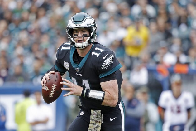 PHILADELPHIA, PA - NOVEMBER 05: Carson Wentz #11 of the Philadelphia Eagles looks to pass during a game against the Denver Broncos at Lincoln Financial Field on November 5, 2017 in Philadelphia, Pennsylvania. The Eagles defeated the Broncos 51-23. (Photo by Joe Robbins/Getty Images)