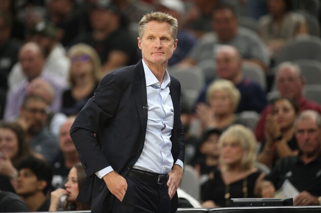 SAN ANTONIO, TX - NOVEMBER 2: Steve Kerr of the Golden State Warriors looks on during the game against the San Antonio Spurs on November 2, 2017 at the AT&T Center in San Antonio, Texas. NOTE TO USER: User expressly acknowledges and agrees that, by downloading and or using this photograph, User is consenting to the terms and conditions of the Getty Images License Agreement. Mandatory Copyright Notice: Copyright 2017 NBAE (Photo by Darren Carroll/NBAE via Getty Images) SAN ANTONIO, TX - NOVEMBER 2: Steve Kerr of the Golden State Warriors looks on during the game against the San Antonio Spurs on November 2, 2017 at the AT&T Center in San Antonio, Texas. NOTE TO USER: User expressly acknowledges and agrees that, by downloading and or using this photograph, User is consenting to the terms and conditions of the Getty Images License Agreement. Mandatory Copyright Notice: Copyright 2017 NBAE (Photo by Darren Carroll/NBAE via Getty Images)