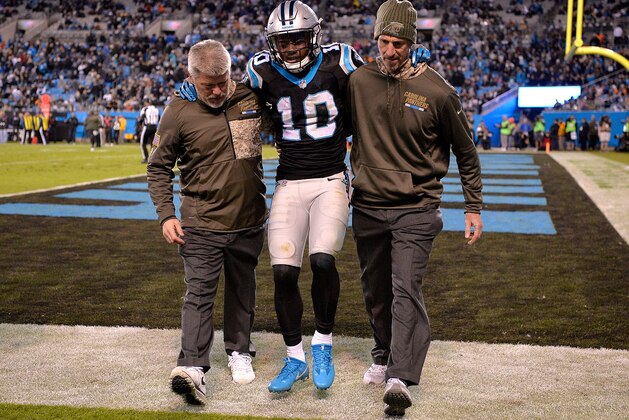 CHARLOTTE, NC - NOVEMBER 13:  Curtis Samuel #10 of the Carolina Panthers is helped off of the field during their game against the Miami Dolphins at Bank of America Stadium on November 13, 2017 in Charlotte, North Carolina.  (Photo by Grant Halverson/Getty Images)