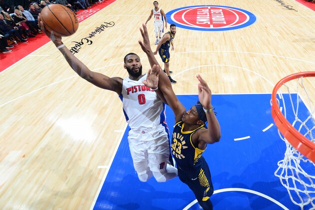DETROIT, MI - NOVEMBER 8:  Andre Drummond #0 of the Detroit Pistons shoots the ball against the Indiana Pacers on November 8, 2017 at Little Caesars Arena in Detroit, Michigan. NOTE TO USER: User expressly acknowledges and agrees that, by downloading and/or using this photograph, User is consenting to the terms and conditions of the Getty Images License Agreement. Mandatory Copyright Notice: Copyright 2017 NBAE (Photo by Chris Schwegler/NBAE via Getty Images)