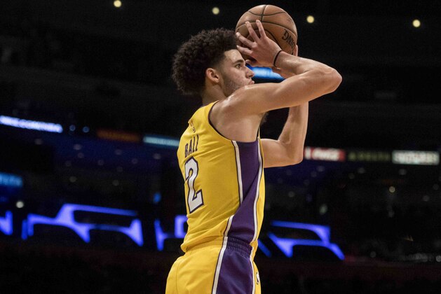 Los Angeles Lakers guard Lonzo Ball during the second half of an NBA basketball game Tuesday, Oct. 31, 2017, in Los Angeles. (AP Photo/Kyusung Gong)