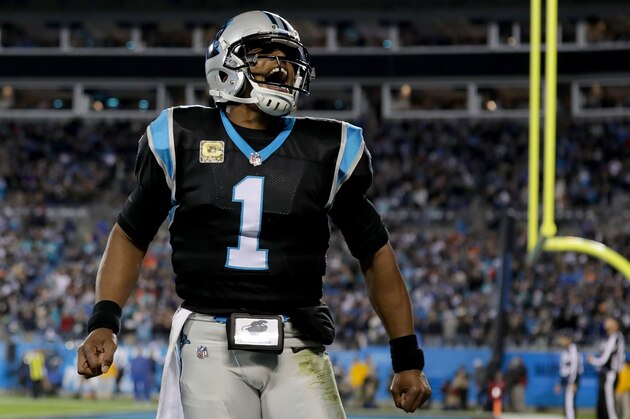 CHARLOTTE, NC - NOVEMBER 13:  Cam Newton #1 of the Carolina Panthers celebrates a touchdown against the Miami Dolphins in the second quarter during their game at Bank of America Stadium on November 13, 2017 in Charlotte, North Carolina.  (Photo by Streeter Lecka/Getty Images)