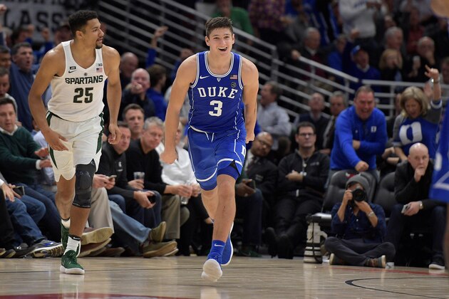 CHICAGO, IL - NOVEMBER 14: Grayson Allen #3 of the Duke Blue Devils reacts following a three-point basket during their game against the Michigan State Spartans during the Champions Classic at United Center on November 14, 2017 in Chicago, Illinois. (Photo by Lance King/Getty Images)