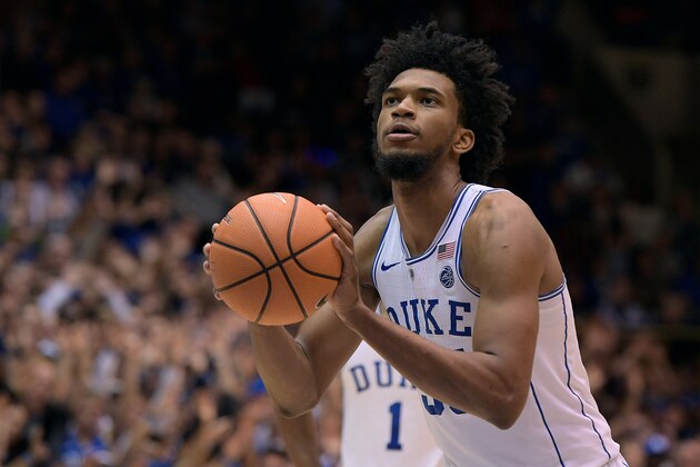 DURHAM, NC - NOVEMBER 11: Marvin Bagley III #35 of the Duke Blue Devils concentrates at the free-throw line against the Utah Valley Wolverines at Cameron Indoor Stadium on November 11, 2017 in Durham, North Carolina. Duke won 99-69. (Photo by Lance King/Getty Images)