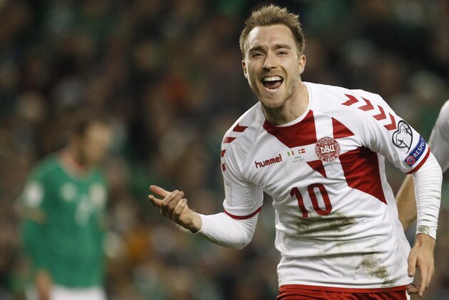 Denmark's Christian Eriksen celebrates after scoring his side's third goal during the World Cup qualifying play off second leg soccer match between Ireland and Denmark at the Aviva Stadium in Dublin, Ireland, Tuesday, Nov. 14, 2017. (AP Photo/Peter Morrison)