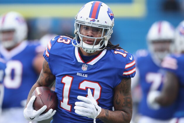 BUFFALO, NY - NOVEMBER 12: Kelvin Benjamin #13 of the Buffalo Bills warms up before the start of NFL game action against the New Orleans Saints at New Era Field on November 12, 2017 in Buffalo, New York. (Photo by Tom Szczerbowski/Getty Images)