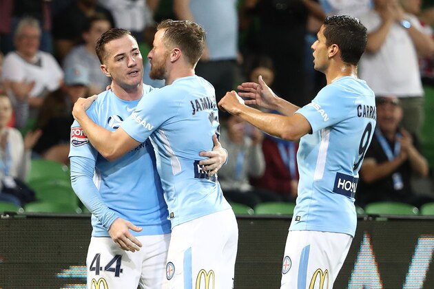 MELBOURNE, AUSTRALIA - NOVEMBER 12:  Ross McCormack of the City celebrates after he scored his penalty kick during the round six A-League match between Melbourne City and the Western Sydney Wanderers at AAMI Park on November 12, 2017 in Melbourne, Australia.  (Photo by Robert Cianflone/Getty Images)