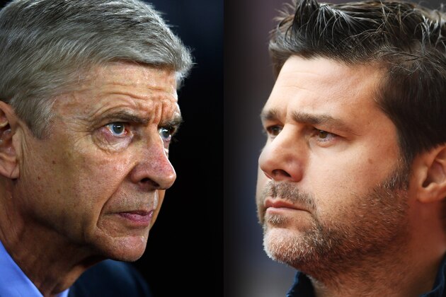 FILE PHOTO (EDITORS NOTE: GRADIENT ADDED - COMPOSITE OF TWO IMAGES - Image numbers (L) 502540908 and 601783502) In this composite image a comparision has been made between Arsene Wenger manager of Arsenal and Mauricio Pochettino, Manager of Tottenham Hotspur. Arsenal and Tottenham Hotspur meet on November 18, 2017 in a Premier League match at the Emirates Stadium in London.   ***LEFT IMAGE*** SOUTHAMPTON, ENGLAND - DECEMBER 26: Arsene Wenger manager of Arsenal during the Barclays Premier League match between Southampton and Arsenal at St Mary's Stadium on December 26, 2015 in Southampton, England. (Photo by Christopher Lee/Getty Images) ***RIGHT IMAGE*** STOKE ON TRENT, ENGLAND - SEPTEMBER 10: Mauricio Pochettino, Manager of Tottenham Hotspur looks on during the Premier League match between Stoke City and Tottenham Hotspur at Britannia Stadium on September 10, 2016 in Stoke on Trent, England. (Photo by Laurence Griffiths/Getty Images)