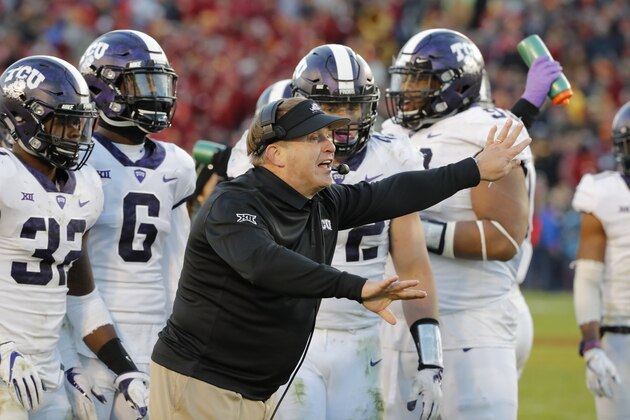 AMES, IA - OCTOBER 28: Head coach Gary Patterson of the TCU Horned Frogs coaches from the sidelines in the second half of play against the Iowa State Cyclones at Jack Trice Stadium on October 28, 2017 in Ames, Iowa. The Iowa State Cyclones won 14-7 over the TCU Horned Frogs. (Photo by David K Purdy/Getty Images)