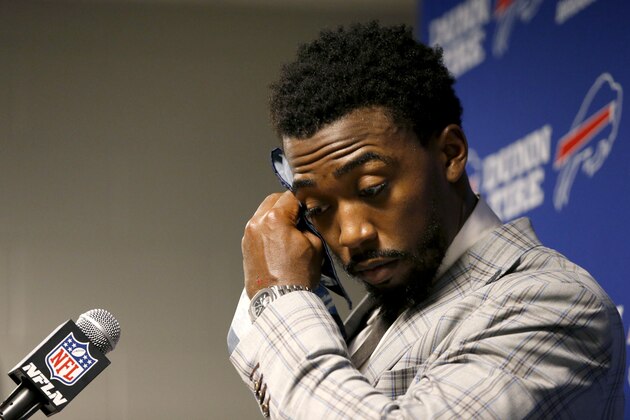 Buffalo Bills quarterback Tyrod Taylor wipes sweat off his forehead with a handkerchief after an NFL football game against the New York Jets, Friday, Nov. 3, 2017, in East Rutherford, N.J. The Jets won 34-21. (AP Photo/Kathy Willens)
