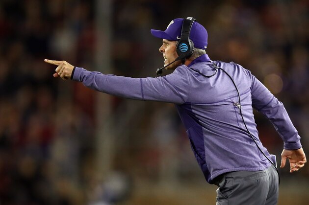 PALO ALTO, CA - NOVEMBER 10:  Head coach Chris Petersen of the Washington Huskies shouts to his team during their game against the Stanford Cardinal at Stanford Stadium on November 10, 2017 in Palo Alto, California.  (Photo by Ezra Shaw/Getty Images)