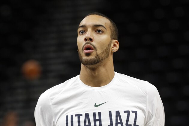 Utah Jazz's Rudy Gobert warms up before an NBA basketball game against the Toronto Raptors Friday, Nov. 3, 2017, in Salt Lake City. (AP Photo/Kim Raff)