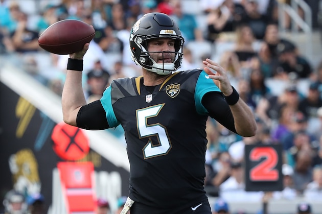JACKSONVILLE, FL - NOVEMBER 12: Blake Bortles #5 of the Jacksonville Jaguars drops back to pass during the first half of their game against the Los Angeles Chargers at EverBank Field on November 12, 2017 in Jacksonville, Florida. (Photo by Logan Bowles/Getty Images) JACKSONVILLE, FL - NOVEMBER 12: Blake Bortles #5 of the Jacksonville Jaguars drops back to pass during the first half of their game against the Los Angeles Chargers at EverBank Field on November 12, 2017 in Jacksonville, Florida. (Photo by Logan Bowles/Getty Images)