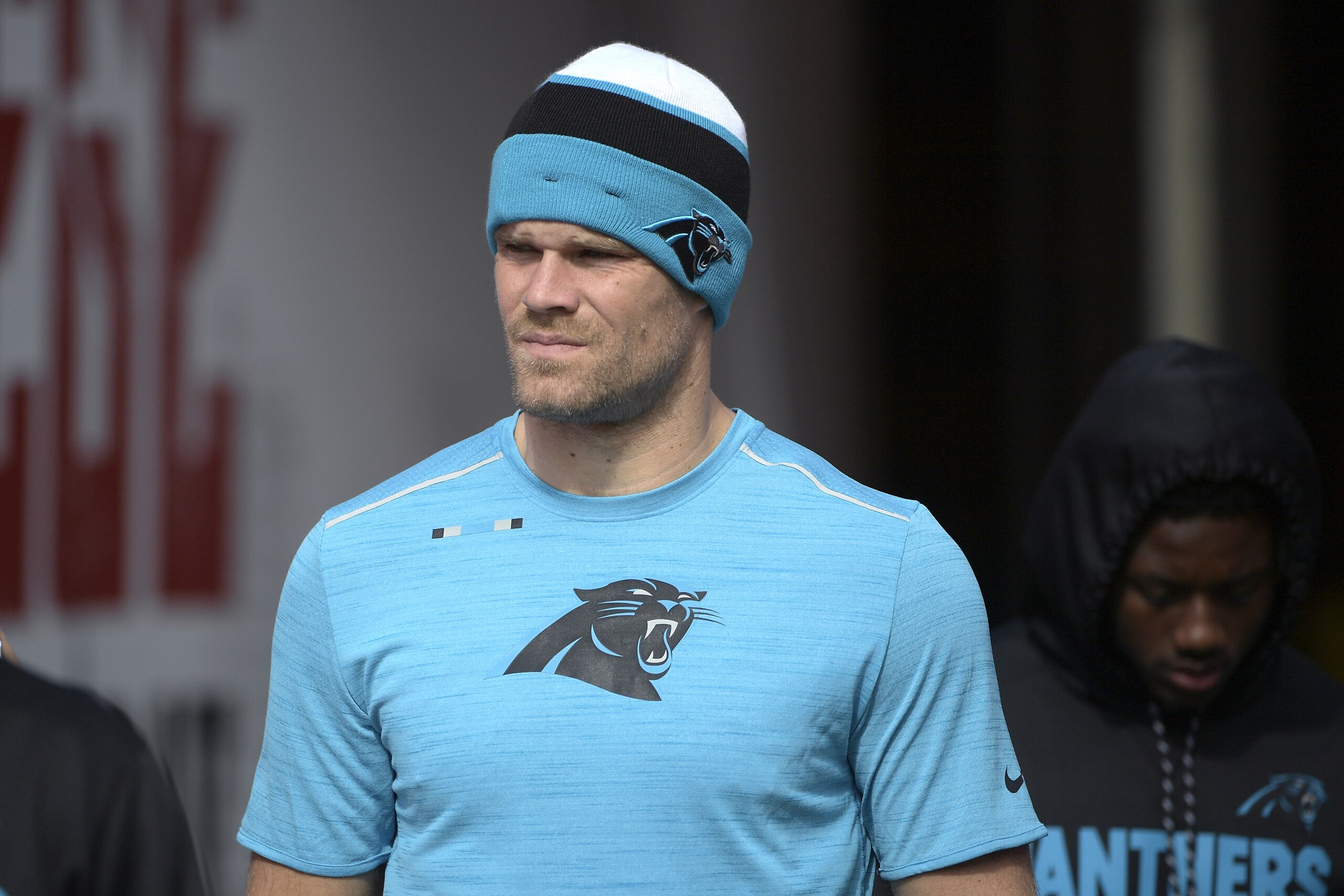 Carolina Panthers tight end Greg Olsen walks on the field before an NFL football game against the Tampa Bay Buccaneers Sunday, Oct. 29, 2017, in Tampa, Fla. (AP Photo/Phelan M. Ebenhack)