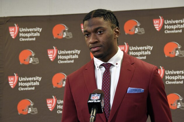 FILE - In this Jan. 1, 2017, file photo, Cleveland Browns quarterback Robert Griffin III is shown during a press conference following an NFL football game against the Pittsburgh Steelers, in Pittsburgh. A person familiar with the decision says the Cleveland Browns are releasing quarterback Robert Griffin III after one injury-marred season. Griffin is being let go one day before he would have been due a $750,000 roster bonus, said the person who spoke Friday, March 10, 2017,  to the Associated Press on condition of anonymity because the team has not announced the move. (AP Photo/Don Wright, File)