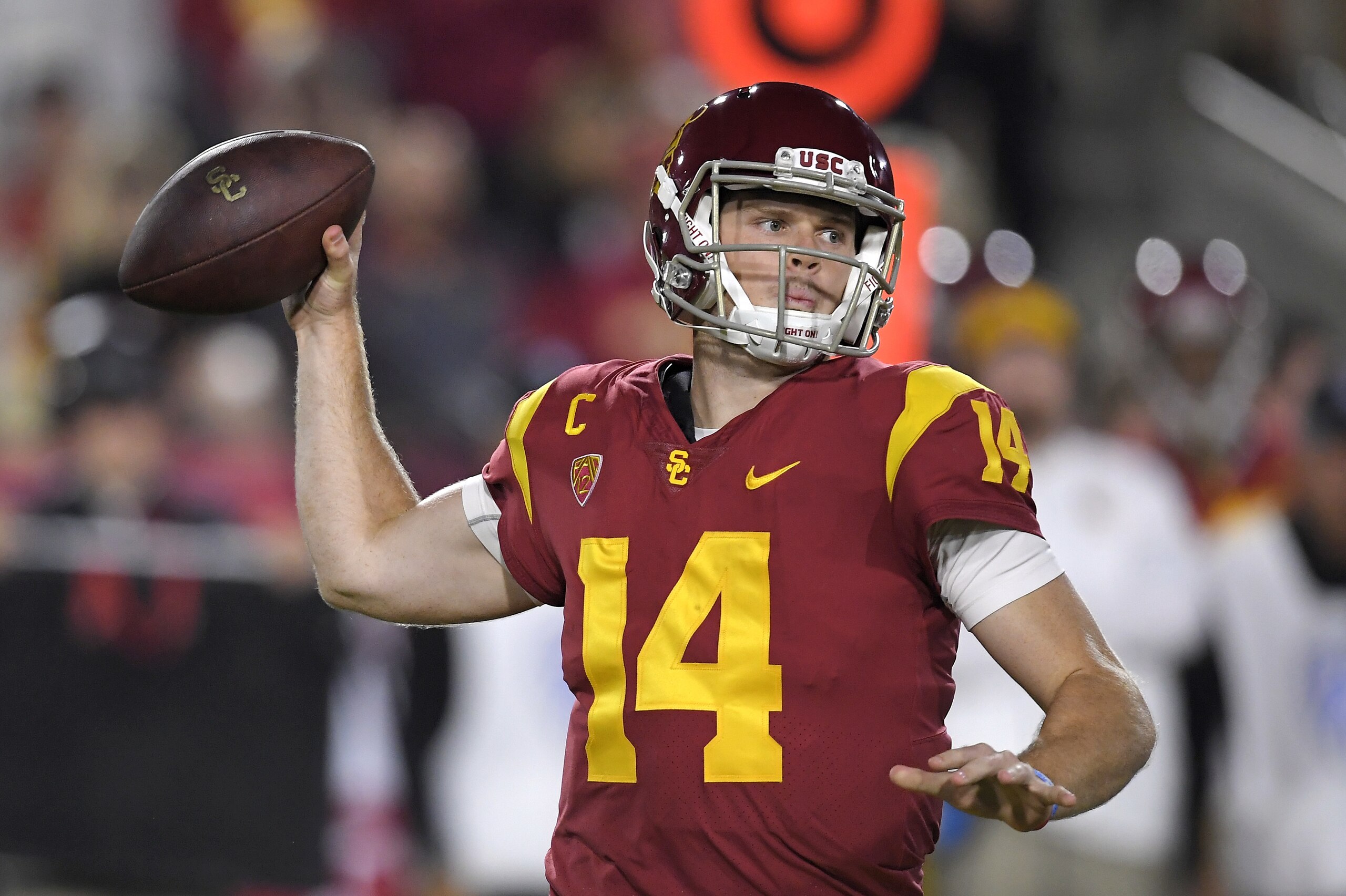Southern California quarterback Sam Darnold prepares to throw a pass during the first half of an NCAA college football game against Arizona, Saturday, Nov. 4, 2017, in Los Angeles. (AP Photo/Mark J. Terrill) Southern California quarterback Sam Darnold prepares to throw a pass during the first half of an NCAA college football game against Arizona, Saturday, Nov. 4, 2017, in Los Angeles. (AP Photo/Mark J. Terrill)