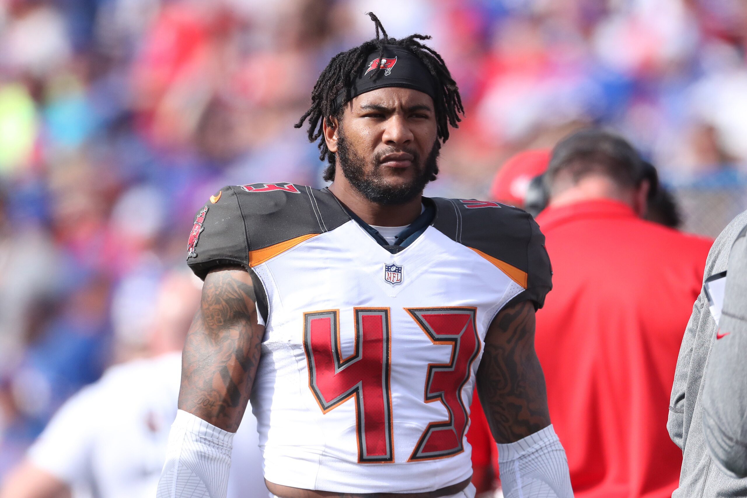 BUFFALO, NY - OCTOBER 22: T.J. Ward #43 of the Tampa Bay Buccaneers during NFL game action against the Buffalo Bills at New Era Field on October 22, 2017 in Buffalo, New York. (Photo by Tom Szczerbowski/Getty Images)