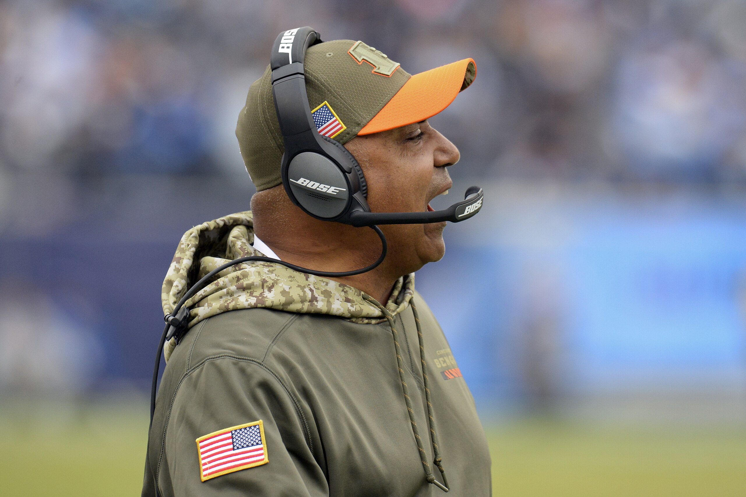 Cincinnati Bengals head coach Marvin Lewis watches from the sideline in the second half of an NFL football game against the Tennessee Titans Sunday, Nov. 12, 2017, in Nashville, Tenn. (AP Photo/Mark Zaleski)
