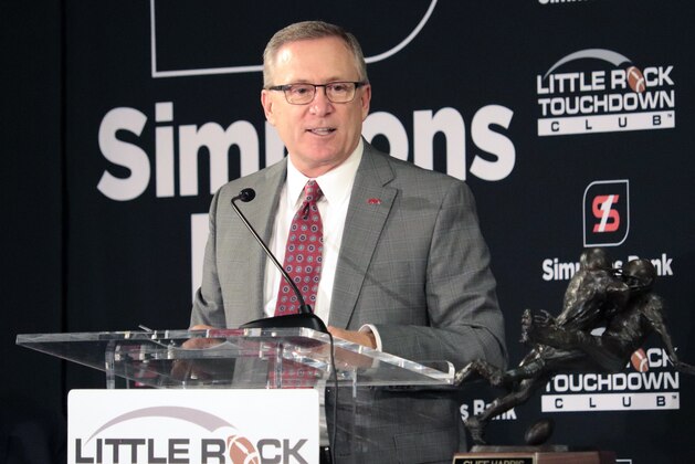FILE - In this Sept. 11, 2017, file photo, Arkansas athletic director Jeff Long speaks to members of the Little Rock Touchdown Club in Little Rock, Ark. Arkansas has announced the firing of athletic director Jeff Long, Wednesday, Nov. 15, 2017, after nearly 10 years at the school. (AP Photo/Kelly P. Kissel, File)