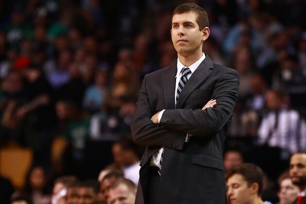 BOSTON, MA - OCTOBER 30:  Head Coach Brad Stevens of the Boston Celtics looks on during the game against the San Antonio Spurs at TD Garden on October 30, 2017 in Boston, Massachusetts. NOTE TO USER: User expressly acknowledges and agrees that, by downloading and or using this photograph, User is consenting to the terms and conditions of the Getty Images License Agreement.  (Photo by Omar Rawlings/Getty Images)