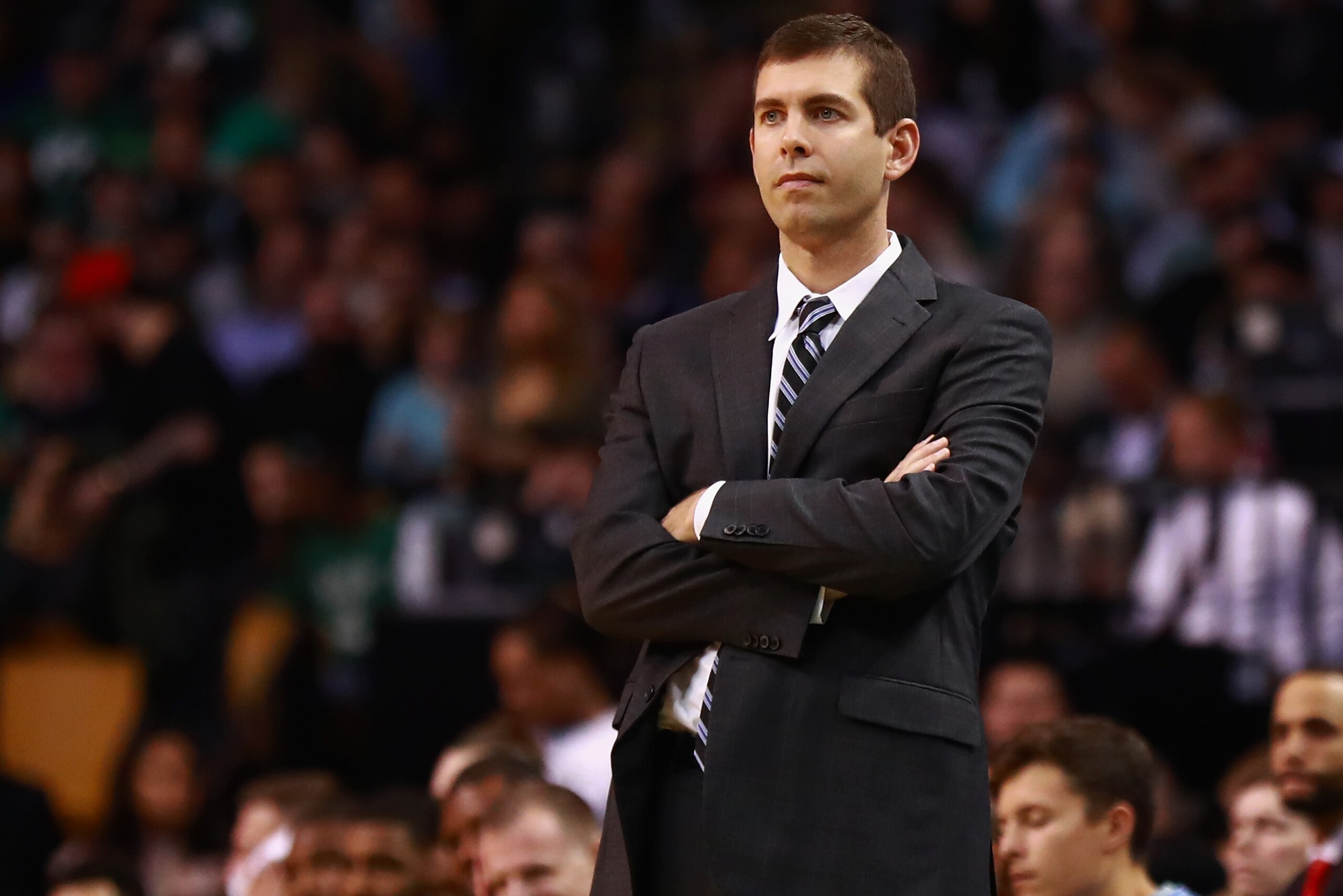 BOSTON, MA - OCTOBER 30:  Head Coach Brad Stevens of the Boston Celtics looks on during the game against the San Antonio Spurs at TD Garden on October 30, 2017 in Boston, Massachusetts. NOTE TO USER: User expressly acknowledges and agrees that, by downloading and or using this photograph, User is consenting to the terms and conditions of the Getty Images License Agreement.  (Photo by Omar Rawlings/Getty Images)