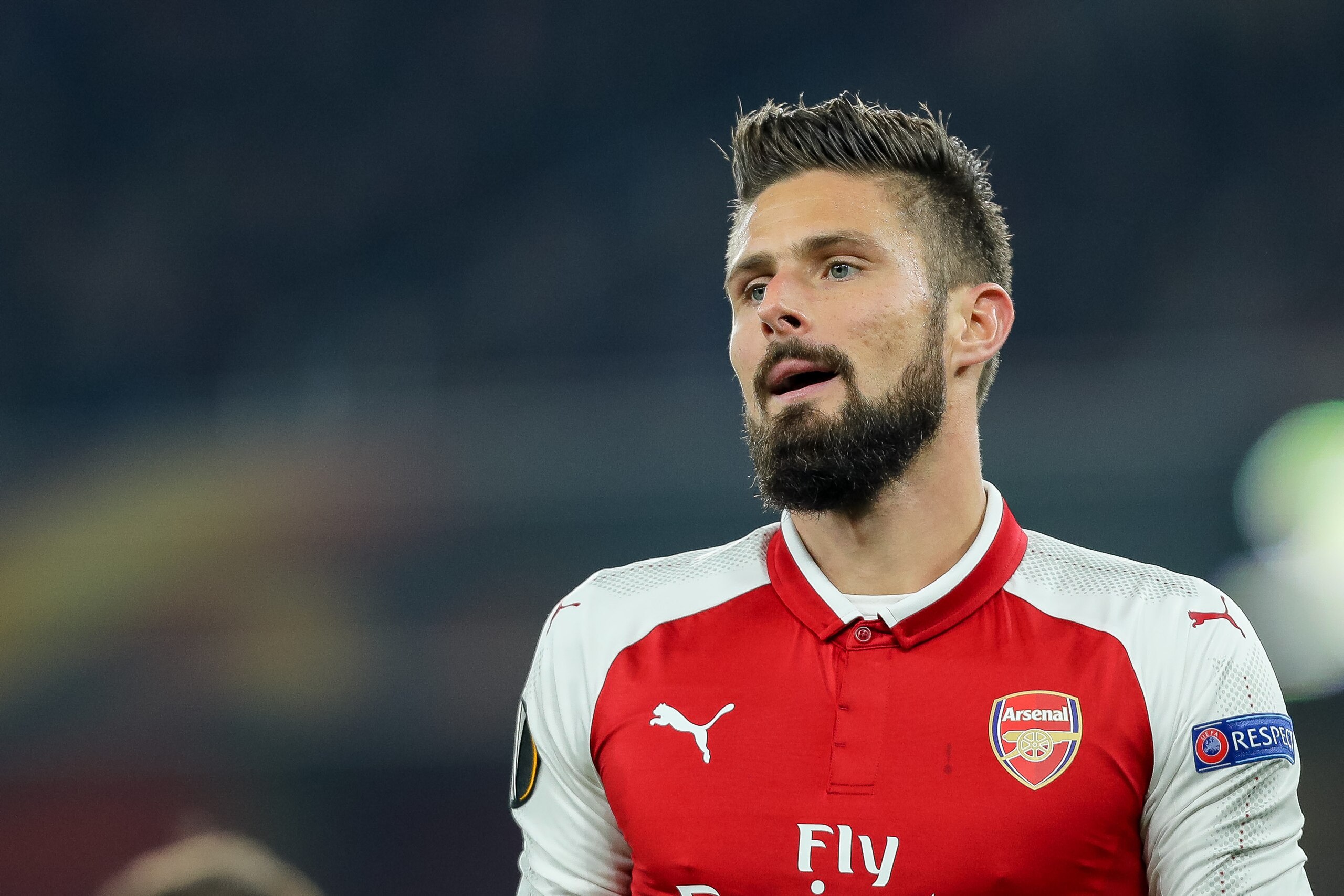 LONDON, ENGLAND - NOVEMBER 02: Olivier Giroud of Arsenal looks on during UEFA Europa League Group H match between Arsenal and Red Star Belgrade (Crvena Zvezda) at The Emirates , London 2 Nov 2017 (Photo by TF-Images/TF-Images via Getty Images)