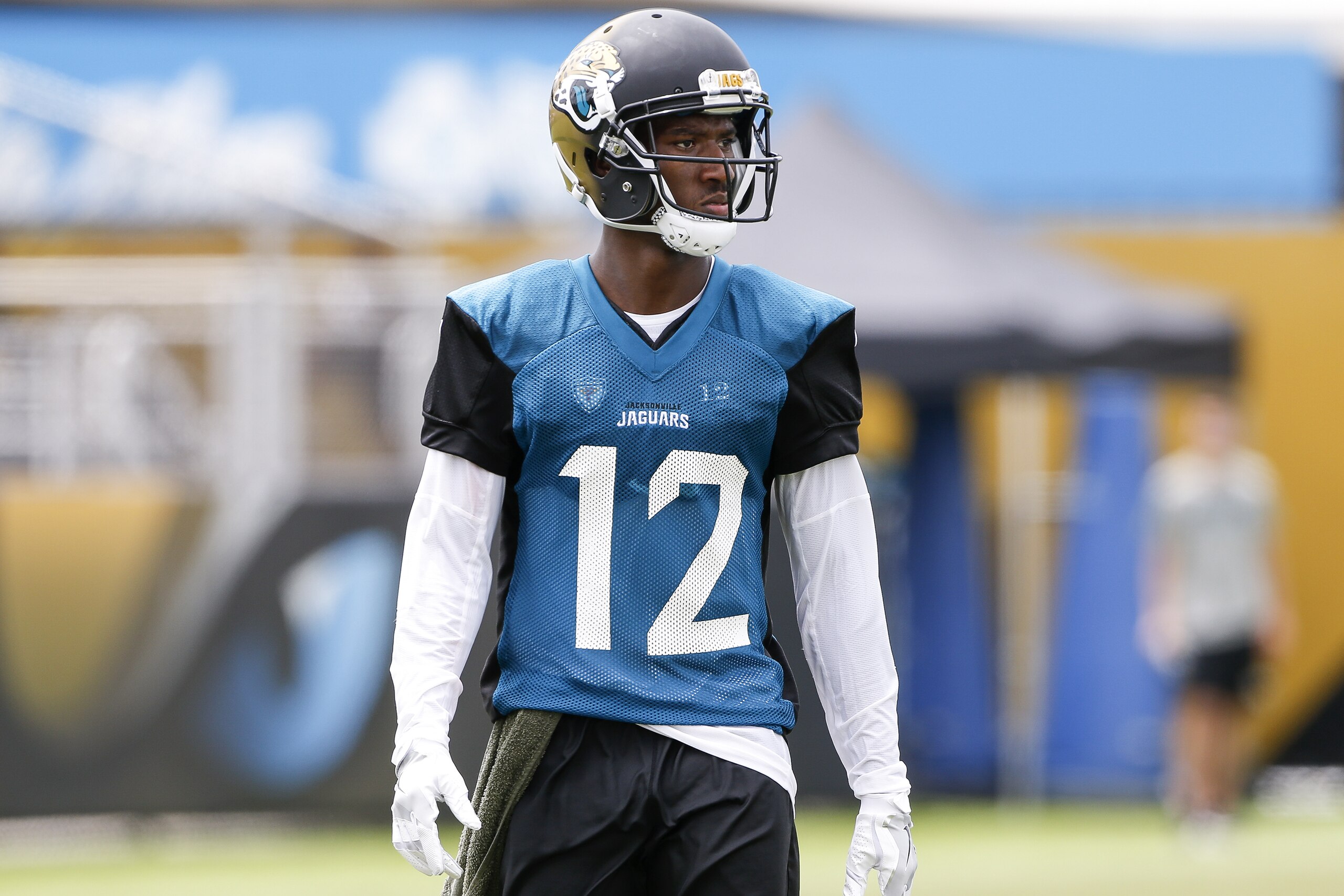 JACKSONVILLE, FL - JULY 27: Wide Receiver Dede Westbrook #12 of the Jacksonville Jaguars works out during Training Camp at Florida Blue Health and Wellness Practice Fields on July 27, 2017 in Jacksonville, Florida. (Photo by Don Juan Moore/Getty Images)
