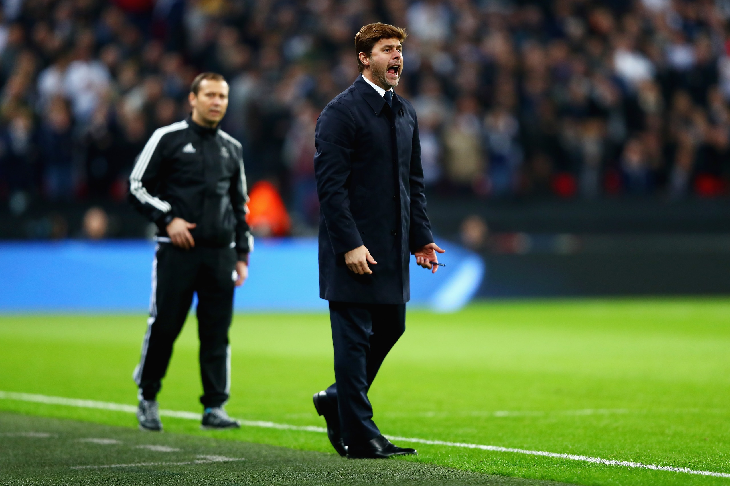LONDON, ENGLAND - NOVEMBER 01:  Mauricio Pochettino, Manager of Tottenham Hotspur reacts during the UEFA Champions League group H match between Tottenham Hotspur and Real Madrid at Wembley Stadium on November 1, 2017 in London, United Kingdom.  (Photo by Clive Rose/Getty Images)