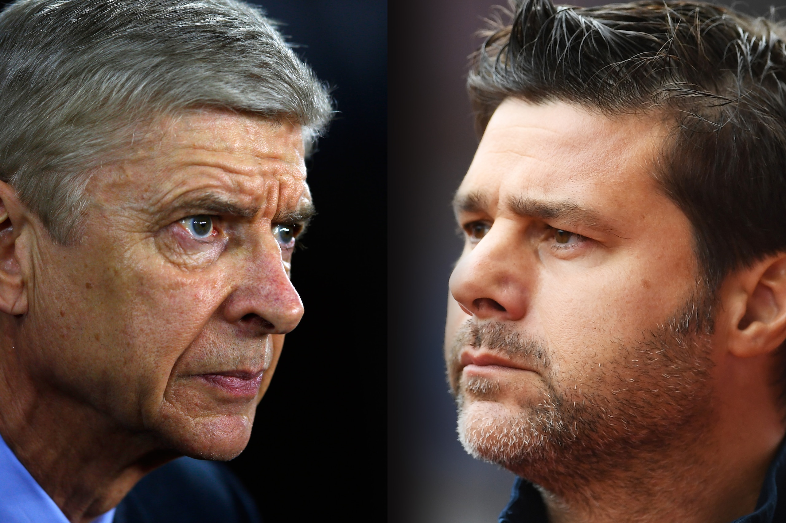 FILE PHOTO (EDITORS NOTE: GRADIENT ADDED - COMPOSITE OF TWO IMAGES - Image numbers (L) 502540908 and 601783502) In this composite image a comparision has been made between Arsene Wenger manager of Arsenal and Mauricio Pochettino, Manager of Tottenham Hotspur. Arsenal and Tottenham Hotspur meet on November 18, 2017 in a Premier League match at the Emirates Stadium in London.   ***LEFT IMAGE*** SOUTHAMPTON, ENGLAND - DECEMBER 26: Arsene Wenger manager of Arsenal during the Barclays Premier League match between Southampton and Arsenal at St Mary's Stadium on December 26, 2015 in Southampton, England. (Photo by Christopher Lee/Getty Images) ***RIGHT IMAGE*** STOKE ON TRENT, ENGLAND - SEPTEMBER 10: Mauricio Pochettino, Manager of Tottenham Hotspur looks on during the Premier League match between Stoke City and Tottenham Hotspur at Britannia Stadium on September 10, 2016 in Stoke on Trent, England. (Photo by Laurence Griffiths/Getty Images)