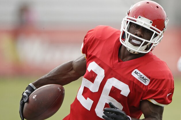 Kansas City Chiefs running back C.J. Spiller (26) runs at NFL football training camp Monday, Aug. 7, 2017, in St. Joseph, Mo. (AP Photo/Charlie Riedel)