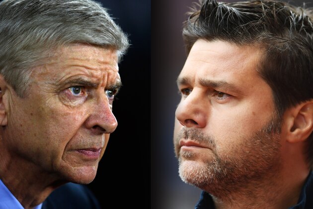 FILE PHOTO (EDITORS NOTE: GRADIENT ADDED - COMPOSITE OF TWO IMAGES - Image numbers (L) 502540908 and 601783502) In this composite image a comparision has been made between Arsene Wenger manager of Arsenal and Mauricio Pochettino, Manager of Tottenham Hotspur. Arsenal and Tottenham Hotspur meet on November 18, 2017 in a Premier League match at the Emirates Stadium in London.   ***LEFT IMAGE*** SOUTHAMPTON, ENGLAND - DECEMBER 26: Arsene Wenger manager of Arsenal during the Barclays Premier League match between Southampton and Arsenal at St Mary's Stadium on December 26, 2015 in Southampton, England. (Photo by Christopher Lee/Getty Images) ***RIGHT IMAGE*** STOKE ON TRENT, ENGLAND - SEPTEMBER 10: Mauricio Pochettino, Manager of Tottenham Hotspur looks on during the Premier League match between Stoke City and Tottenham Hotspur at Britannia Stadium on September 10, 2016 in Stoke on Trent, England. (Photo by Laurence Griffiths/Getty Images)
