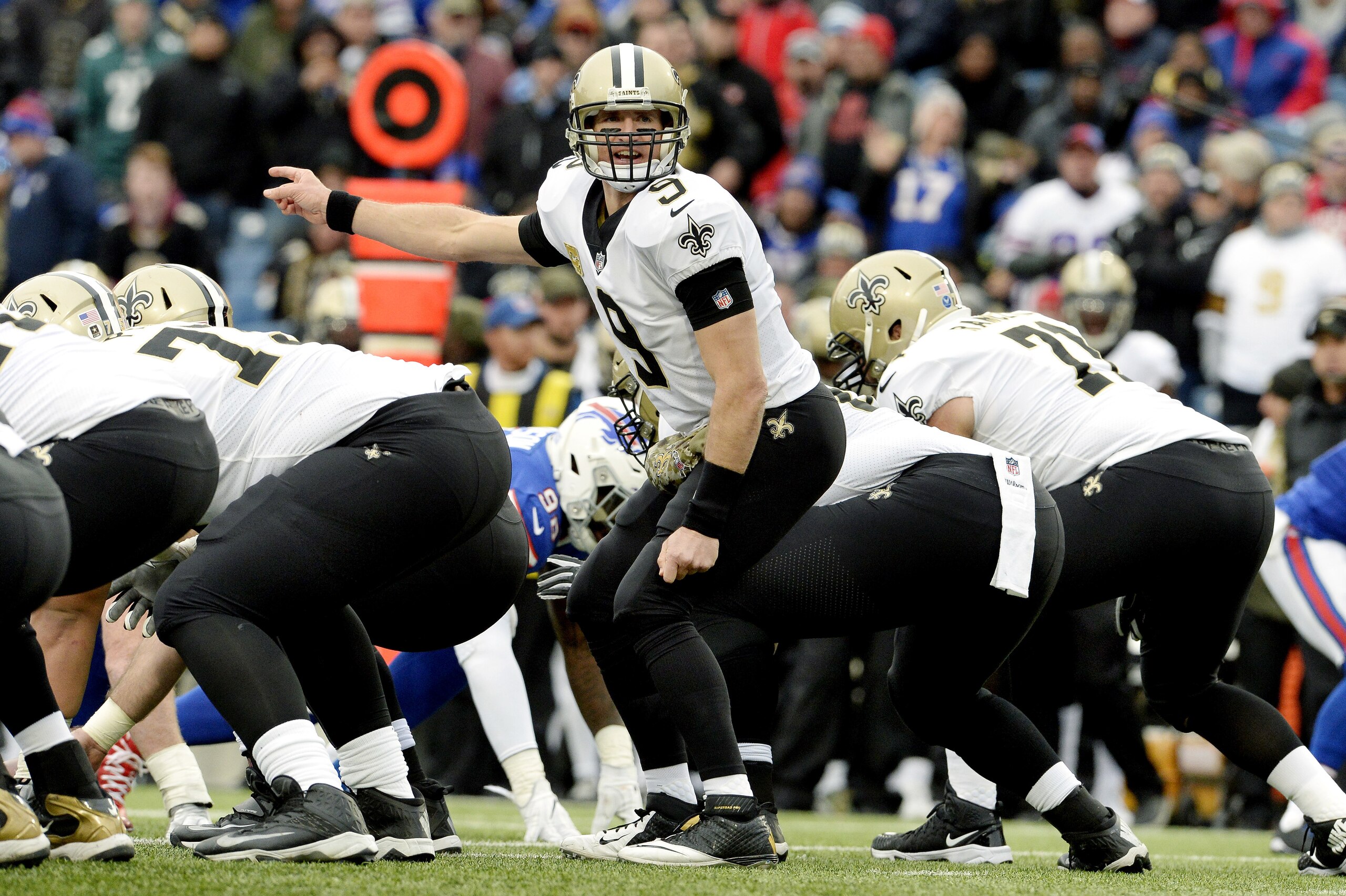 New Orleans Saints quarterback Drew Brees (9) calls out the defensive formation during the second half of an NFL football game against the Buffalo Bills, Sunday, Nov. 12, 2017, in Orchard Park, N.Y. (AP Photo/Adrian Kraus)