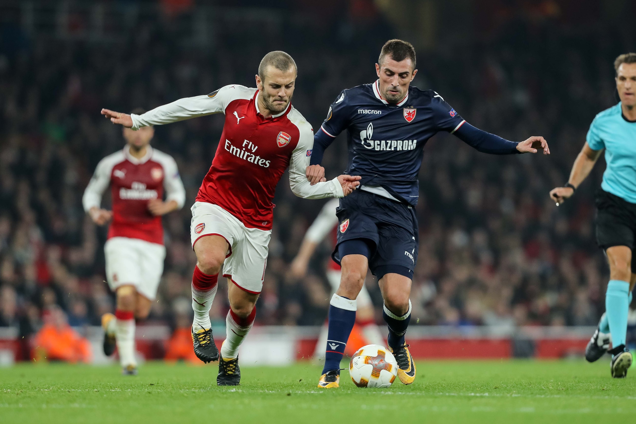 LONDON, ENGLAND - NOVEMBER 02: Jack Wilshere of Arsenal and Nenad Krsticic of Red Star Belgrade battle for the ball during UEFA Europa League Group H match between Arsenal and Red Star Belgrade (Crvena Zvezda) at The Emirates, London 2 Nov 2017 (Photo by TF-Images/TF-Images via Getty Images)