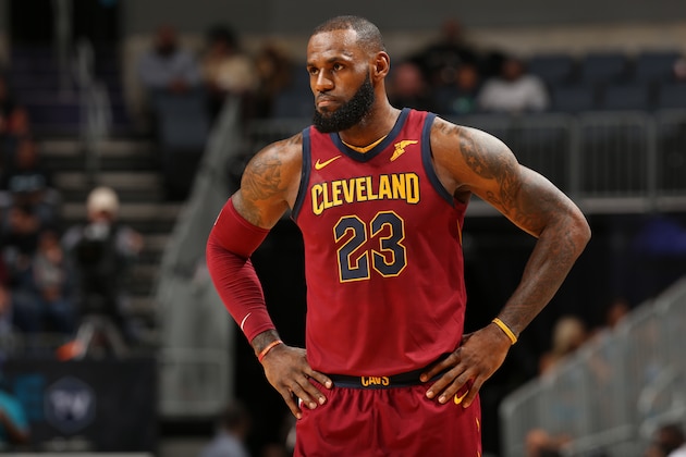CHARLOTTE, NC - NOVEMBER 15:  LeBron James #23 of the Cleveland Cavaliers looks on during the game against the Charlotte Hornets on November 15, 2017 at Spectrum Center in Charlotte, North Carolina. NOTE TO USER: User expressly acknowledges and agrees that, by downloading and or using this photograph, User is consenting to the terms and conditions of the Getty Images License Agreement.  Mandatory Copyright Notice:  Copyright 2017 NBAE (Photo by Kent Smith/NBAE via Getty Images)