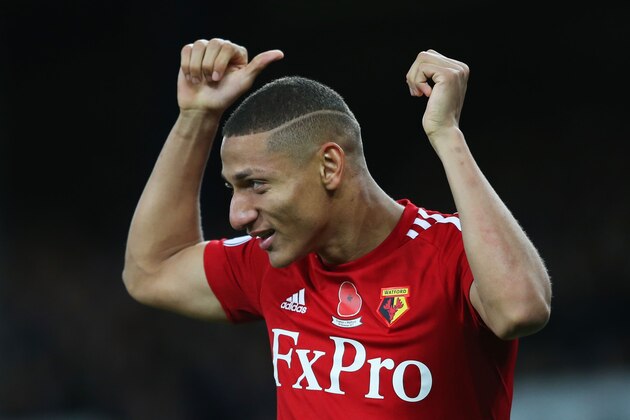 LIVERPOOL, ENGLAND - NOVEMBER 05:  Richarlison de Andrade of Watford celebrates scoring his sides first goal during the Premier League match between Everton and Watford at Goodison Park on November 5, 2017 in Liverpool, England.  (Photo by Jan Kruger/Getty Images)