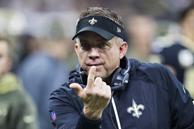 NEW ORLEANS, LA - NOVEMBER 5:  Head Coach Sean Payton of the New Orleans Saints signals for someone to come to him during a game against the Tampa Bay Buccaneers at Mercedes-Benz Superdome on November 5, 2017 in New Orleans, Louisiana.  The Saints defeated the Buccaneers 30-10. (Photo by Wesley Hitt/Getty Images)